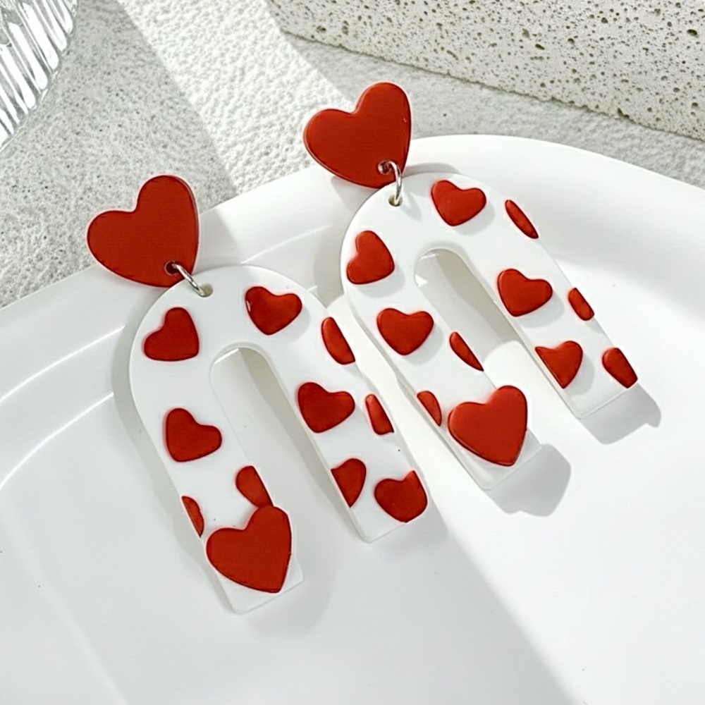 Heart Pattern Arch Dangle Studs - Handmade Clay Earrings - Valentine’s Day